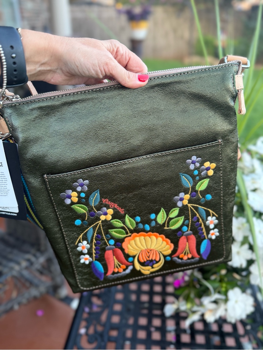 NWT Consuela Tour Crossbody Bag Olive Floral Embroidered Leather Trim - Picture 8 of 16